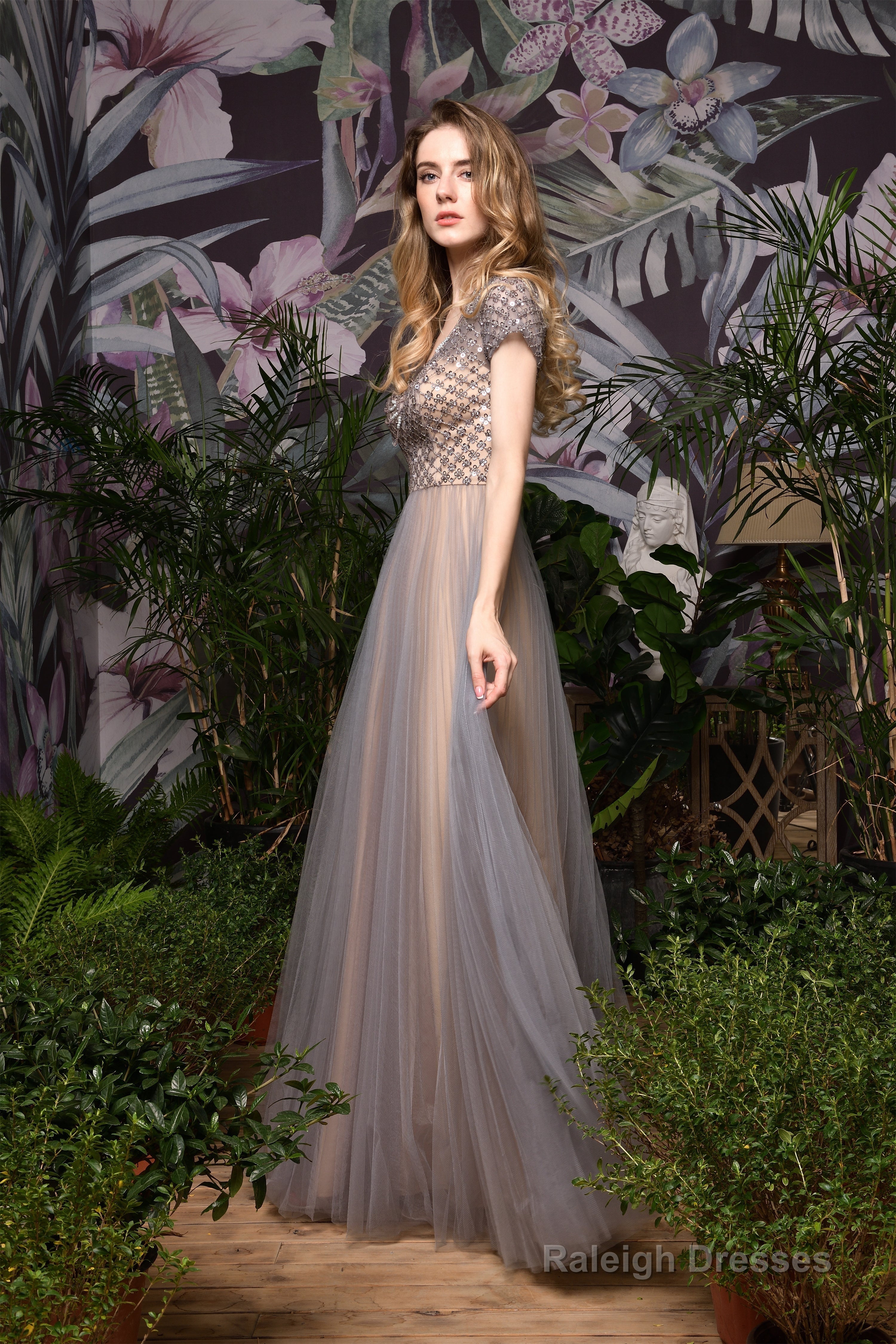 Short Sleeve V Neck A Line Sequin Beaded Long Prom Dresses