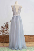 Short Sleeved Light Grey Appliqued Bridesmaid Dress