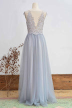 Short Sleeved Light Grey Appliqued Bridesmaid Dresses