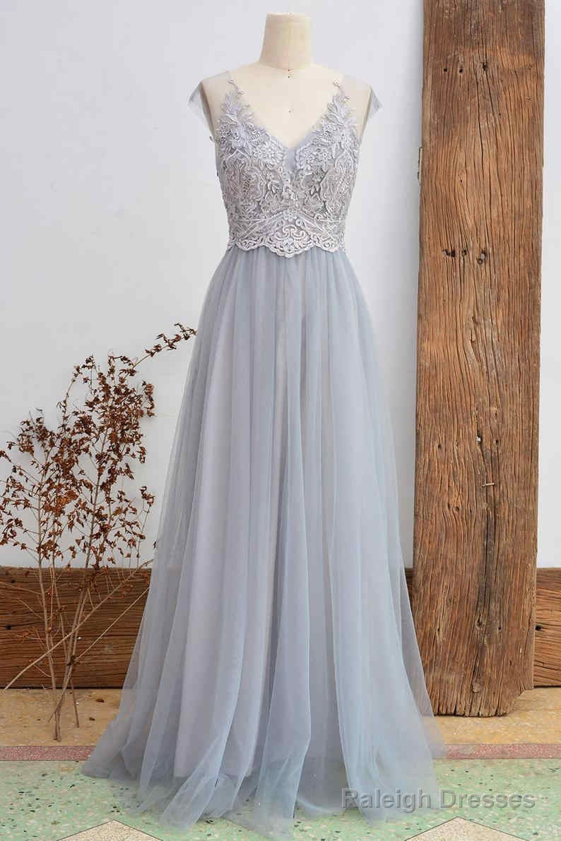 Short Sleeved Light Grey Appliqued Bridesmaid Dress