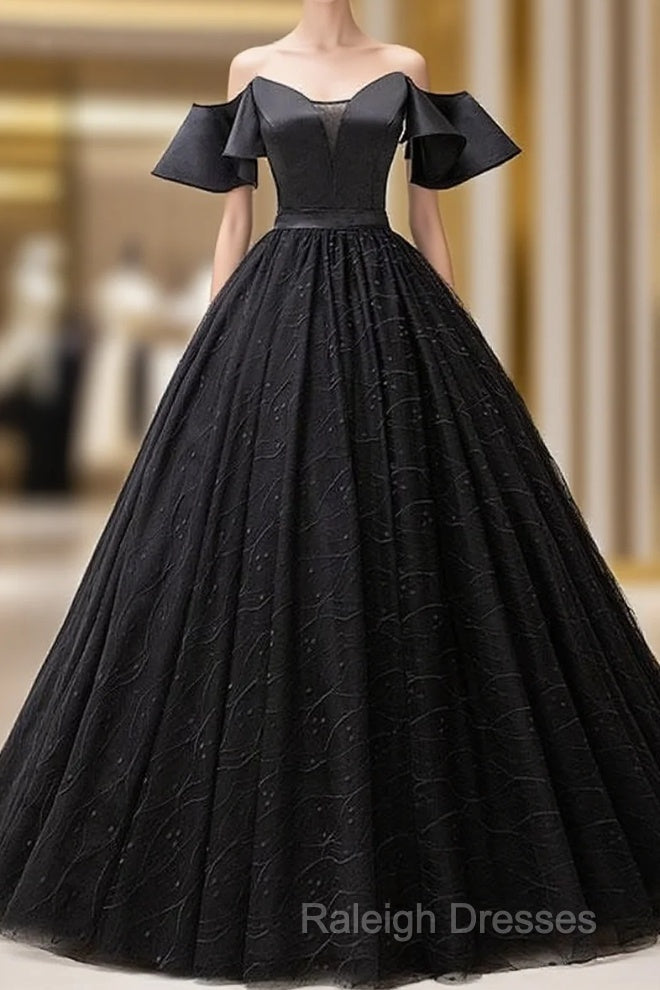 Short Sleeves Black Tulle Lace Sweetheart Long Prom Dress Main image