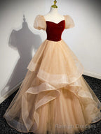 Short Sleeves Burgundy Champagne Long Prom Dresses, Short Sleeves Burgundy Champagne Long Formal Prom Dresses