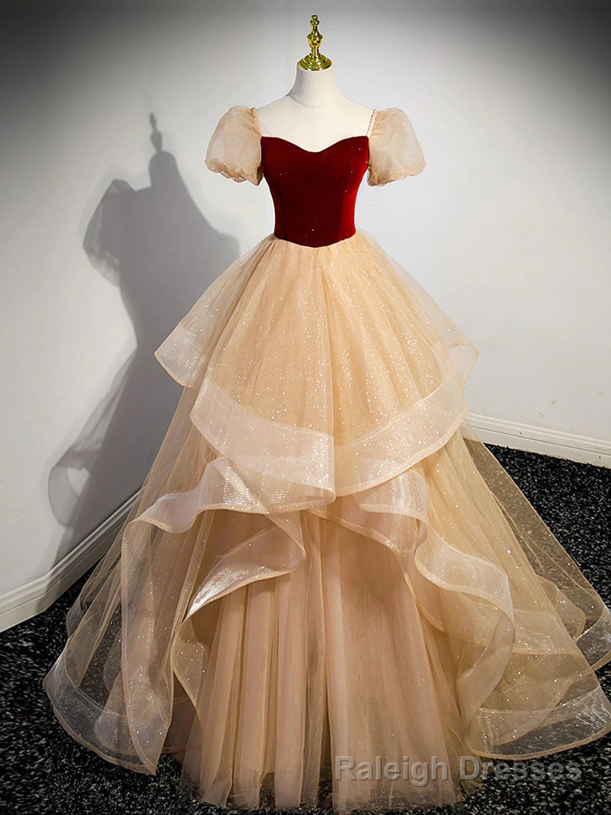 Short Sleeves Burgundy Champagne Long Prom Dresses, Short Sleeves Burgundy Champagne Long Formal Evening Dresses Secondary image