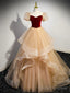 Short Sleeves Burgundy Champagne Long Prom Dresses, Short Sleeves Burgundy Champagne Long Formal Prom Dresses