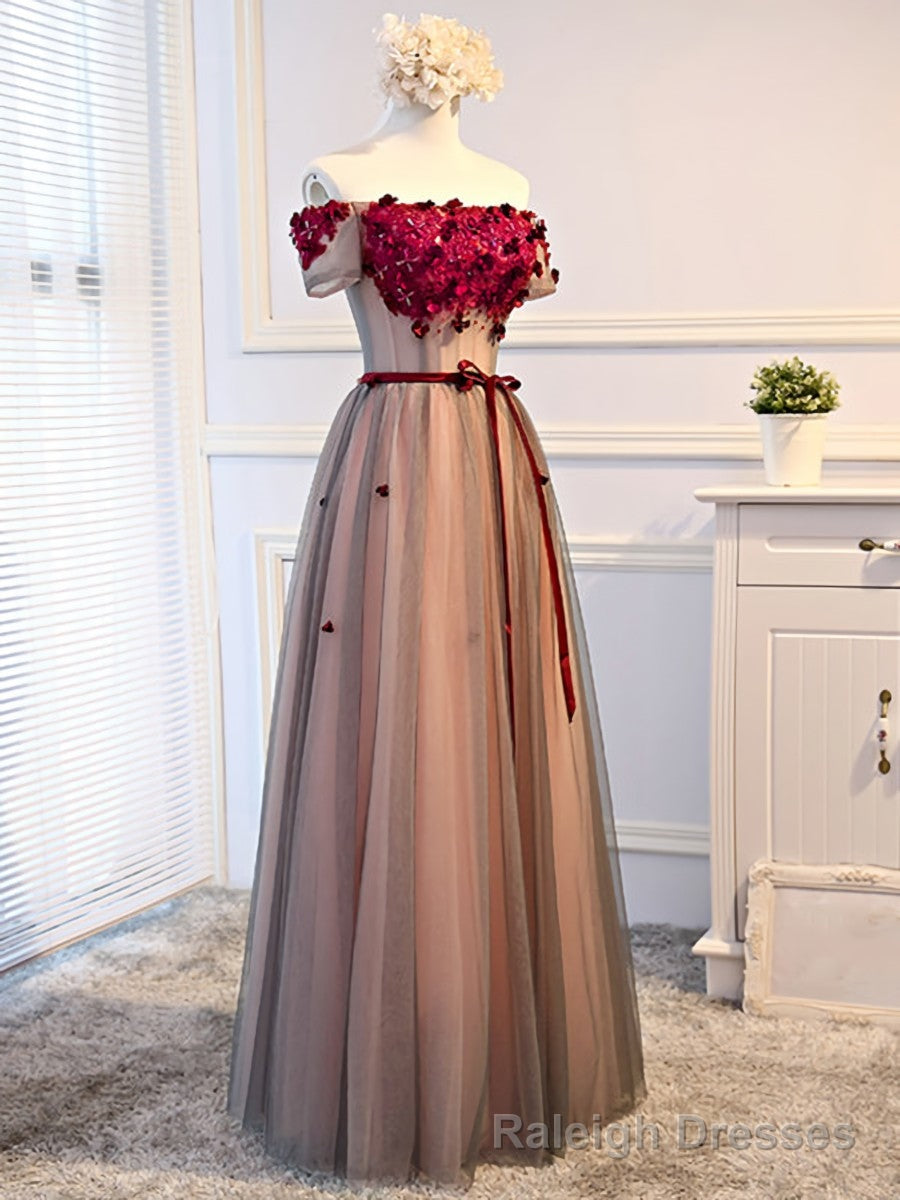 Short Sleeves Burgundy Floral Long Prom Dresses, Burgundy Floral Formal Bridesmaid Dresses Main image