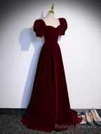 Short Sleeves Burgundy Long Prom Dresses, Wine Red Long Formal Prom Dresses