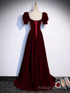 Short Sleeves Burgundy Long Prom Dresses, Wine Red Long Formal Prom Dresses