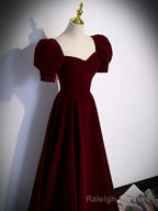 Short Sleeves Burgundy Long Prom Dresses, Wine Red Long Formal Prom Dresses