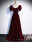 Short Sleeves Burgundy Long Prom Dresses, Wine Red Long Formal Prom Dresses