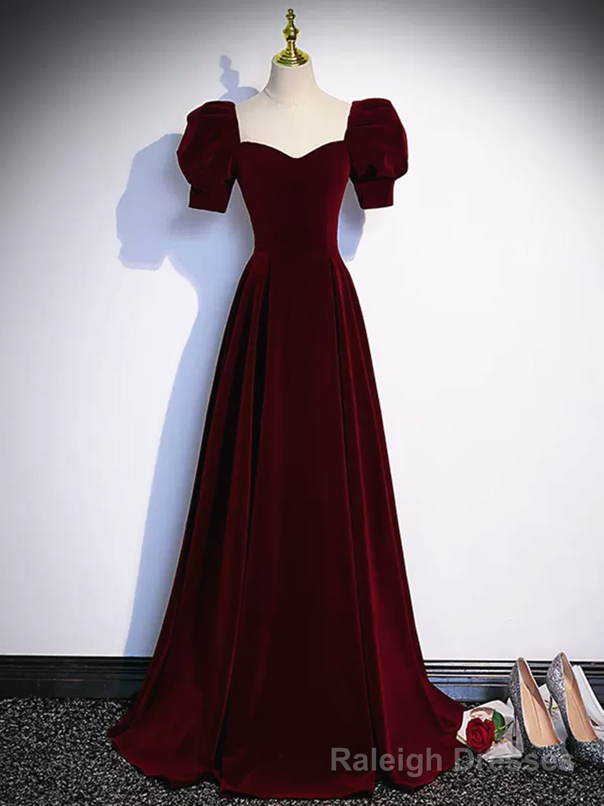 Short Sleeves Burgundy Long Prom Dresses, Wine Red Long Formal Evening Dresses