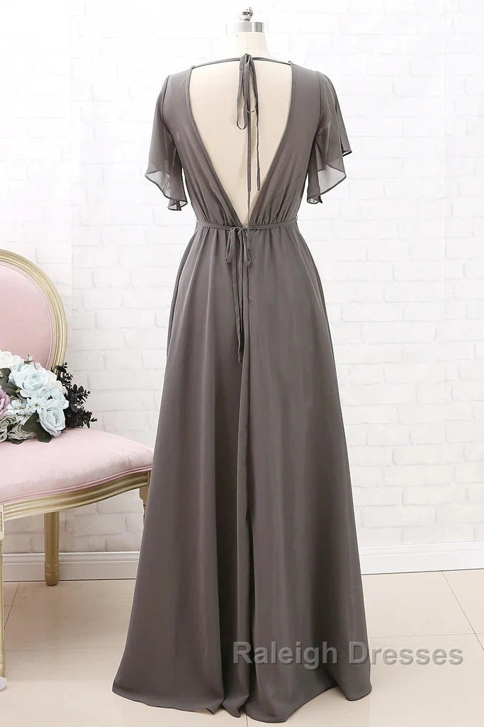 Short Sleeves Chiffon Long Bridesmaid Dresses Wedding Prom Dresses Secondary image