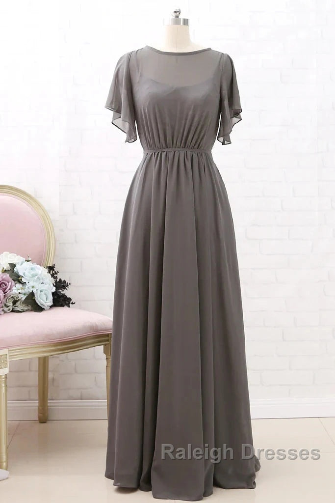 Short Sleeves Chiffon Long Bridesmaid Dress Wedding Party Formal Dress