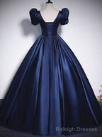 Short Sleeves Dark Blue Long Prom Dresses, Dark Blue Short Sleeves Long Formal Evening Dresses