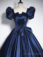 Short Sleeves Dark Blue Long Prom Dresses, Dark Blue Short Sleeves Long Formal Prom Dresses
