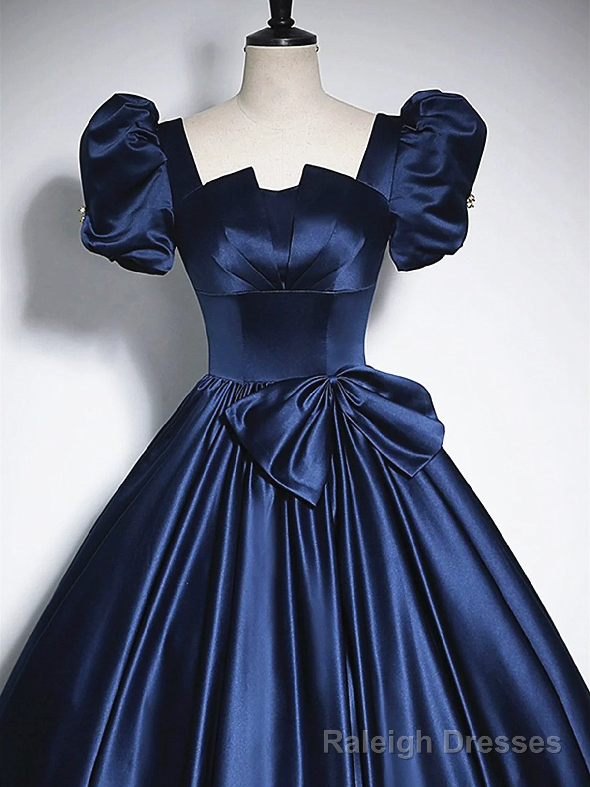 Short Sleeves Dark Blue Long Prom Dresses, Dark Blue Short Sleeves Long Formal Prom Dresses