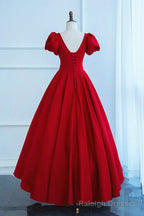 Short Sleeves Dark Red Long Prom Dresses, Dark Red Long Formal Evening Dresses
