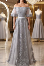 Short Sleeves Grey Lace Long Prom Dresses, Short Sleeves Gray Lace Long Formal Evening Dresses