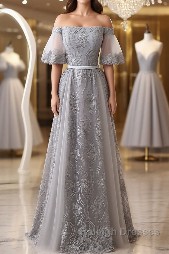Short Sleeves Grey Lace Long Prom Dresses, Short Sleeves Gray Lace Long Formal Evening Dresses