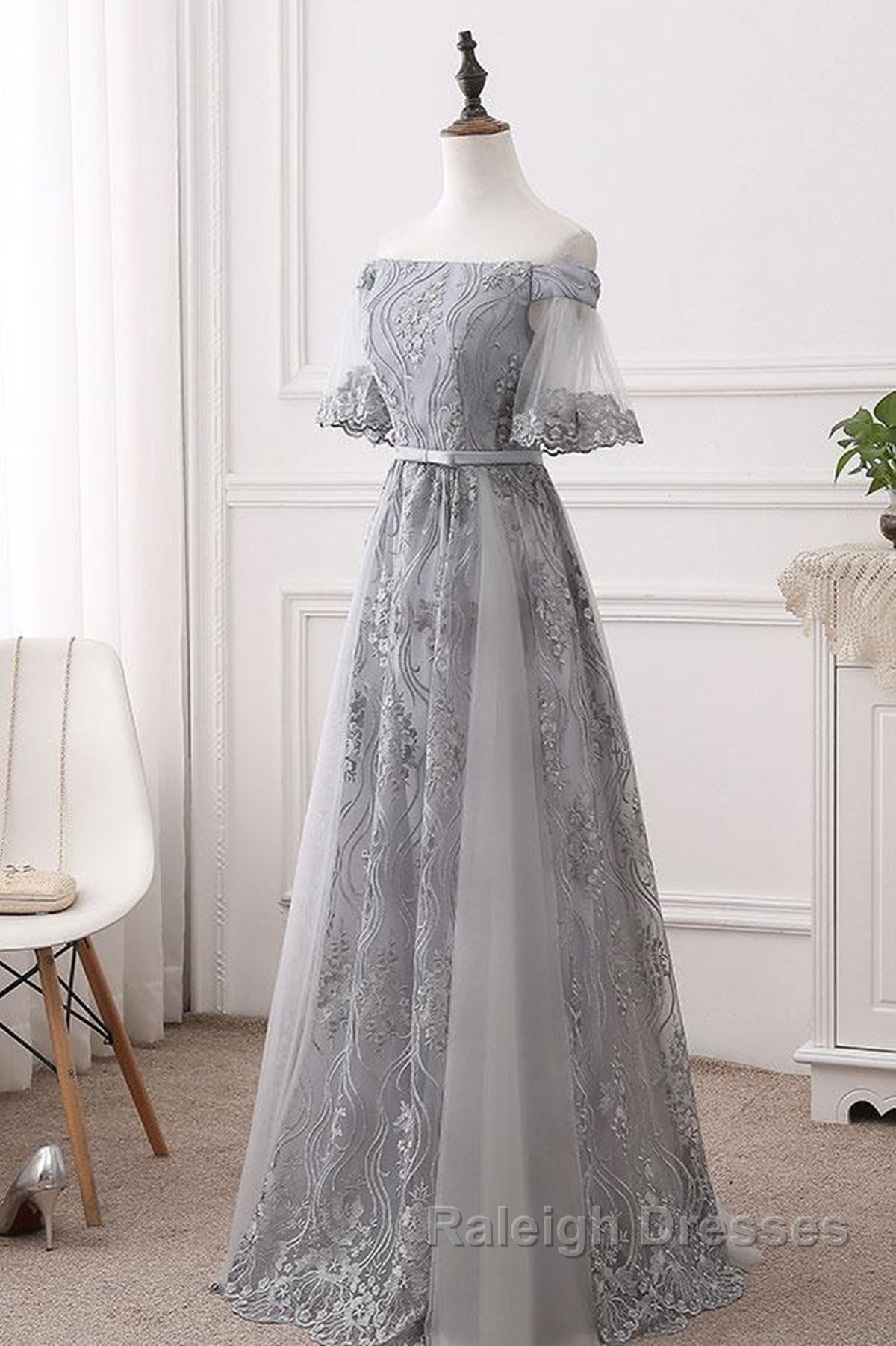 Short Sleeves Grey Lace Long Prom Dresses, Short Sleeves Gray Lace Long Formal Evening Dresses Secondary image