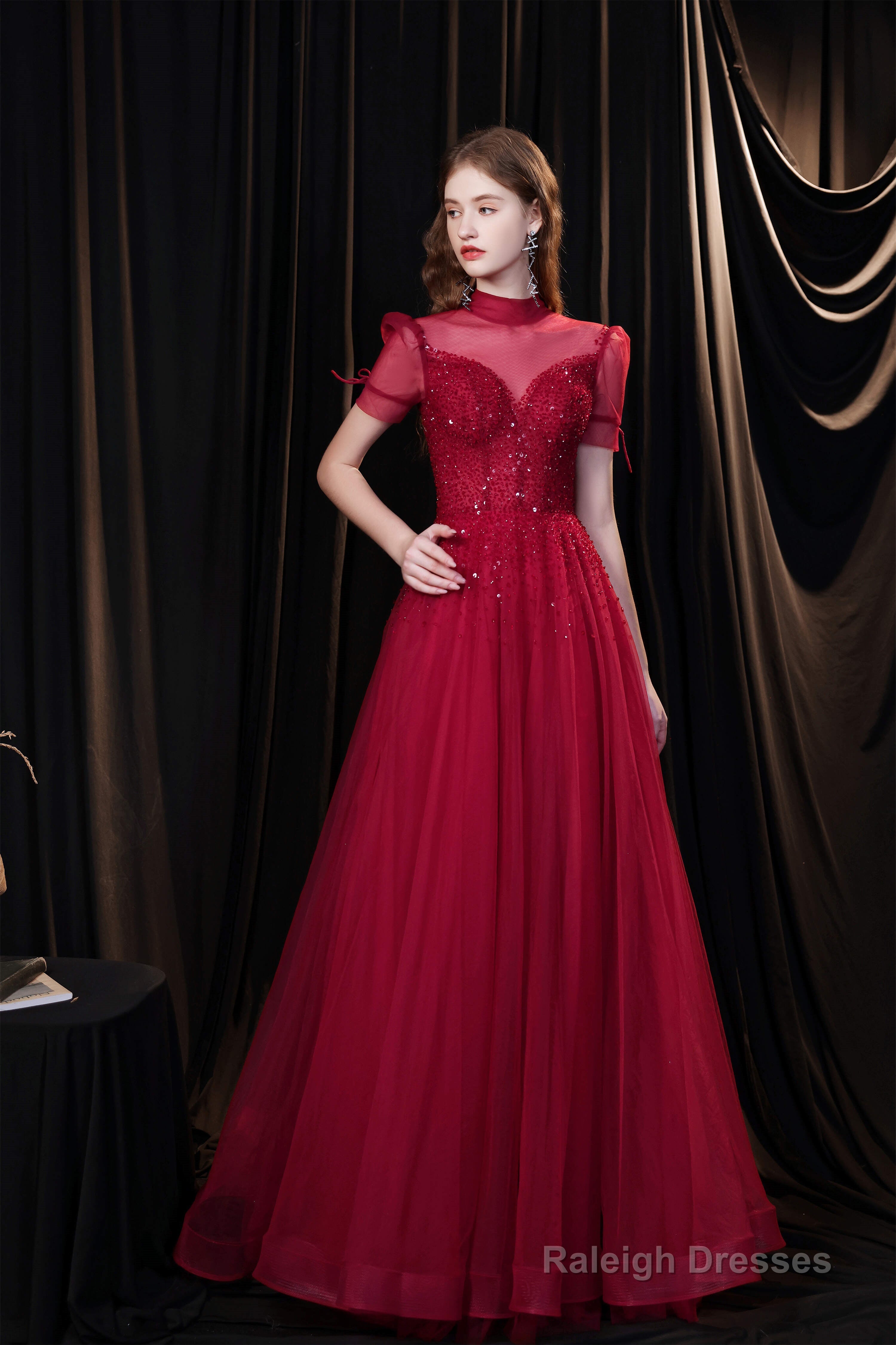 Short Sleeves High Neck Open Back Beading Long Prom Dresses Main image