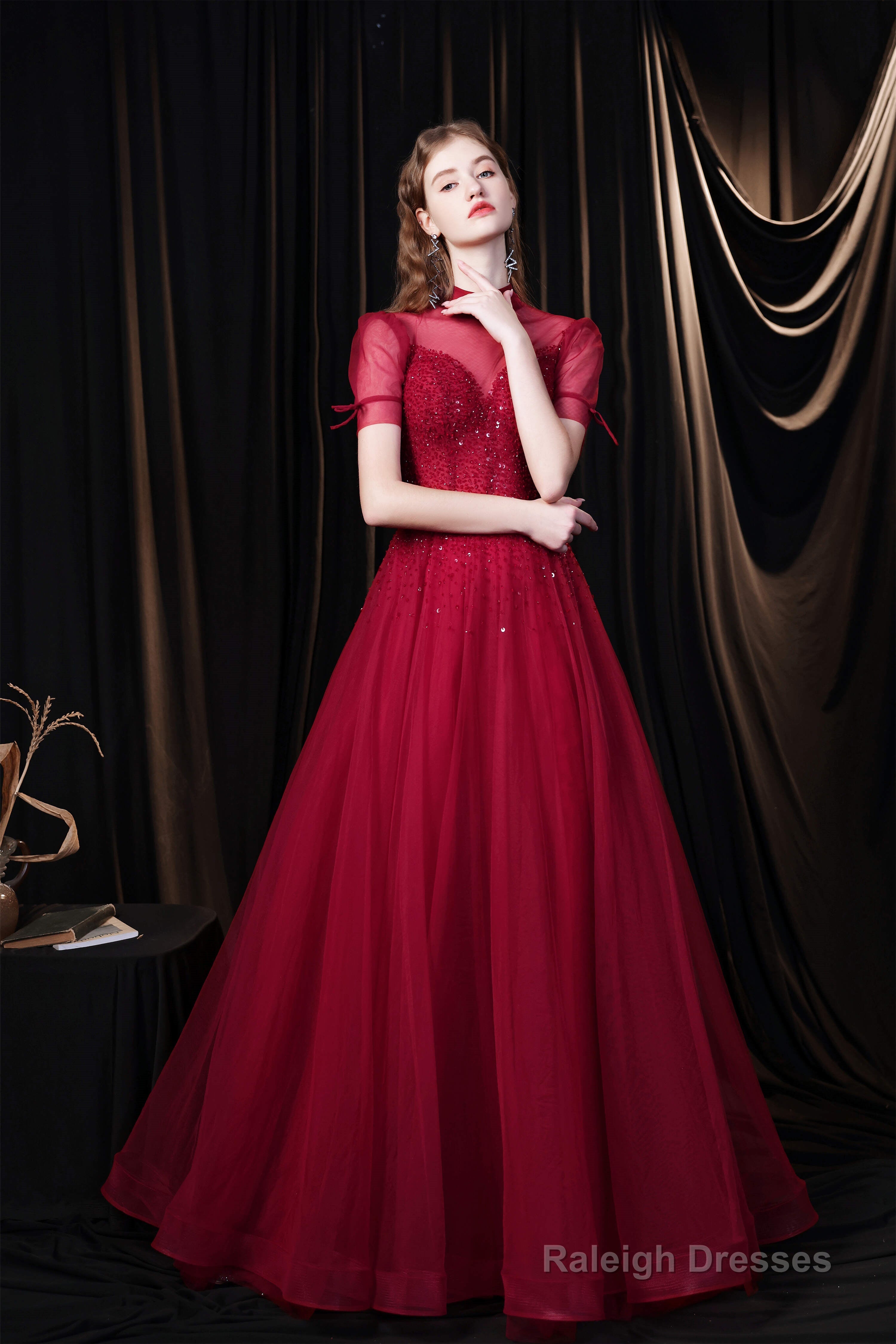 Short Sleeves High Neck Open Back Beading Long Prom Dresses