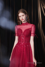 Short Sleeves High Neck Open Back Beading Long Prom Dresses