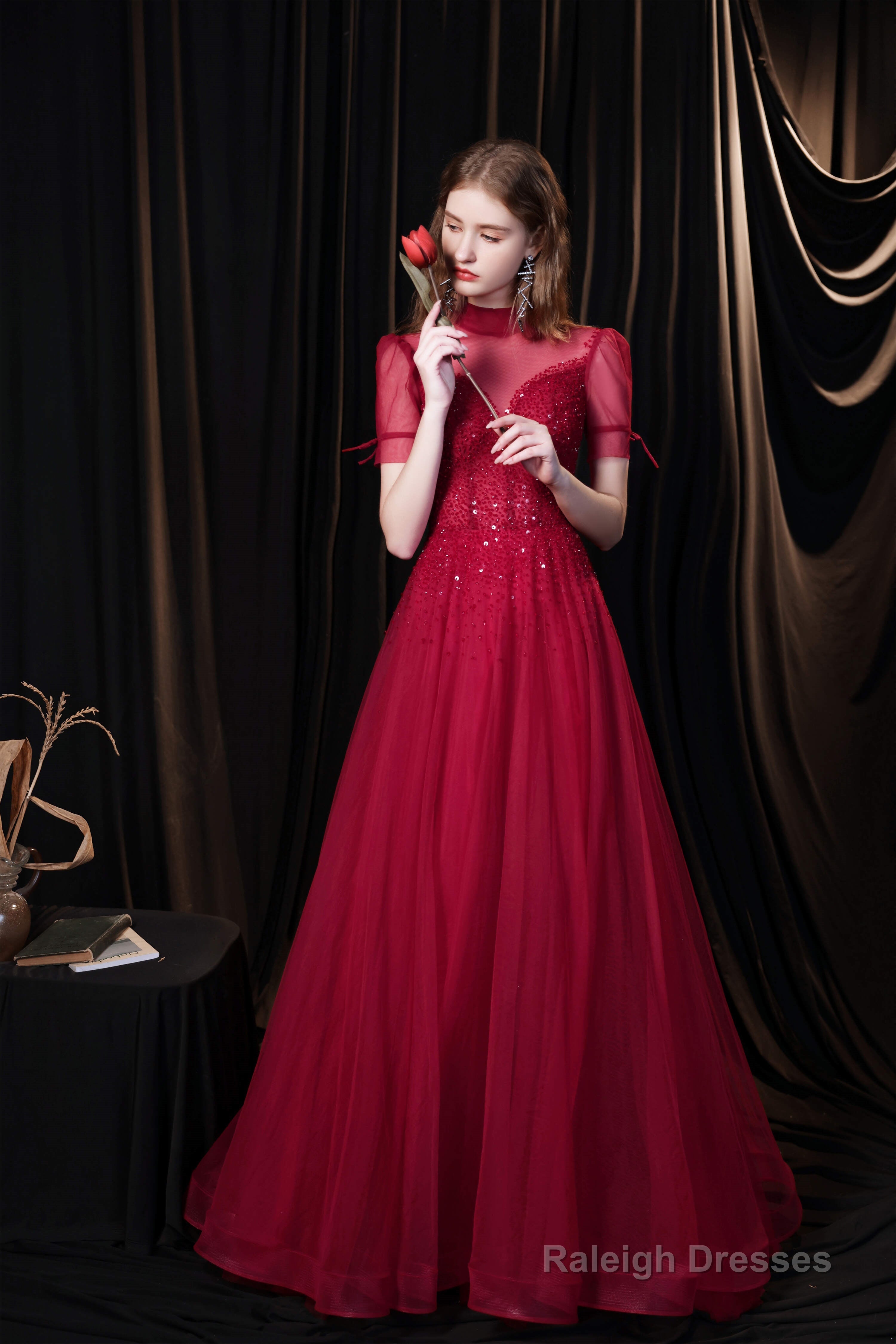 Short Sleeves High Neck Open Back Beading Long Prom Dresses