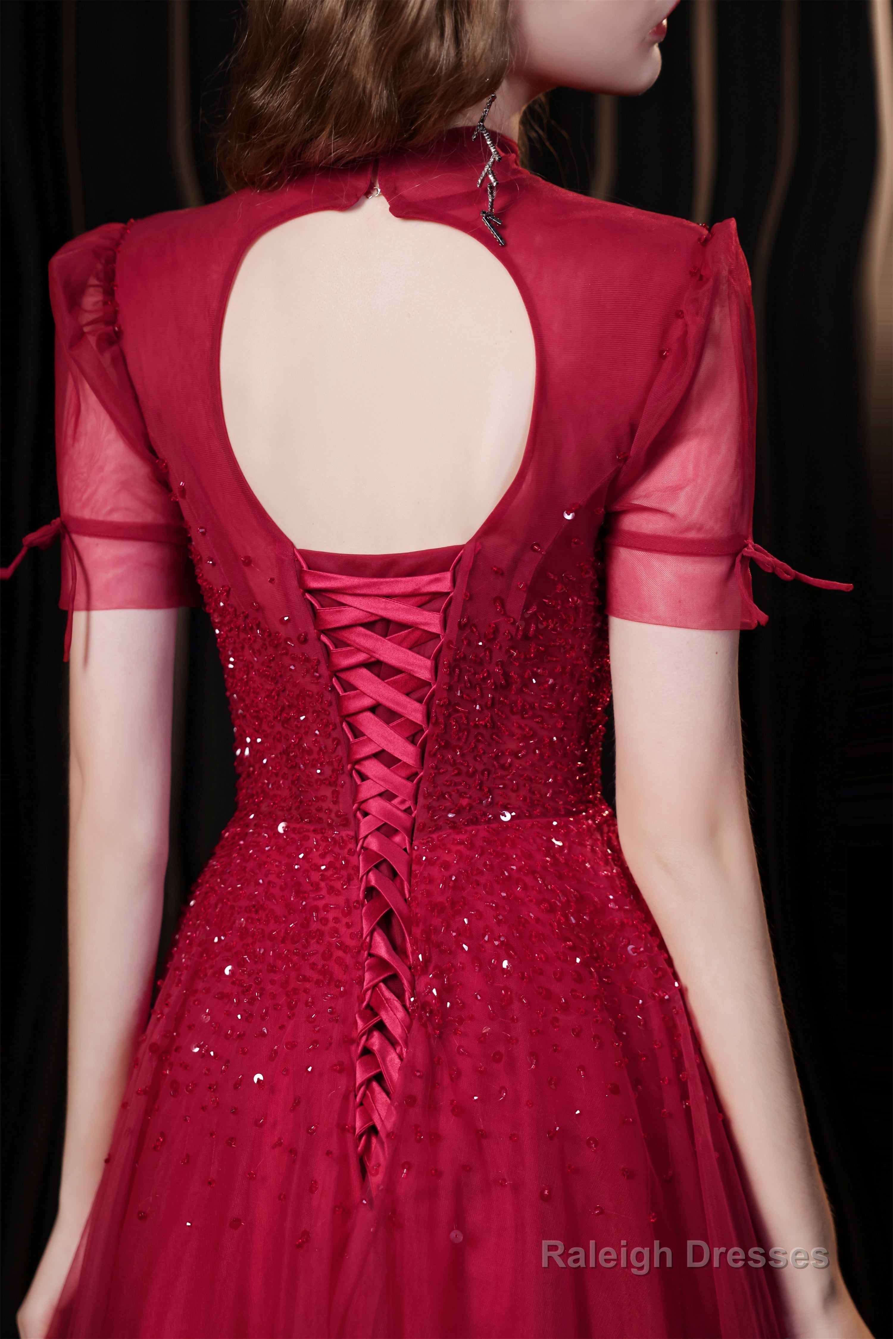 Short Sleeves High Neck Open Back Beading Long Prom Dresses