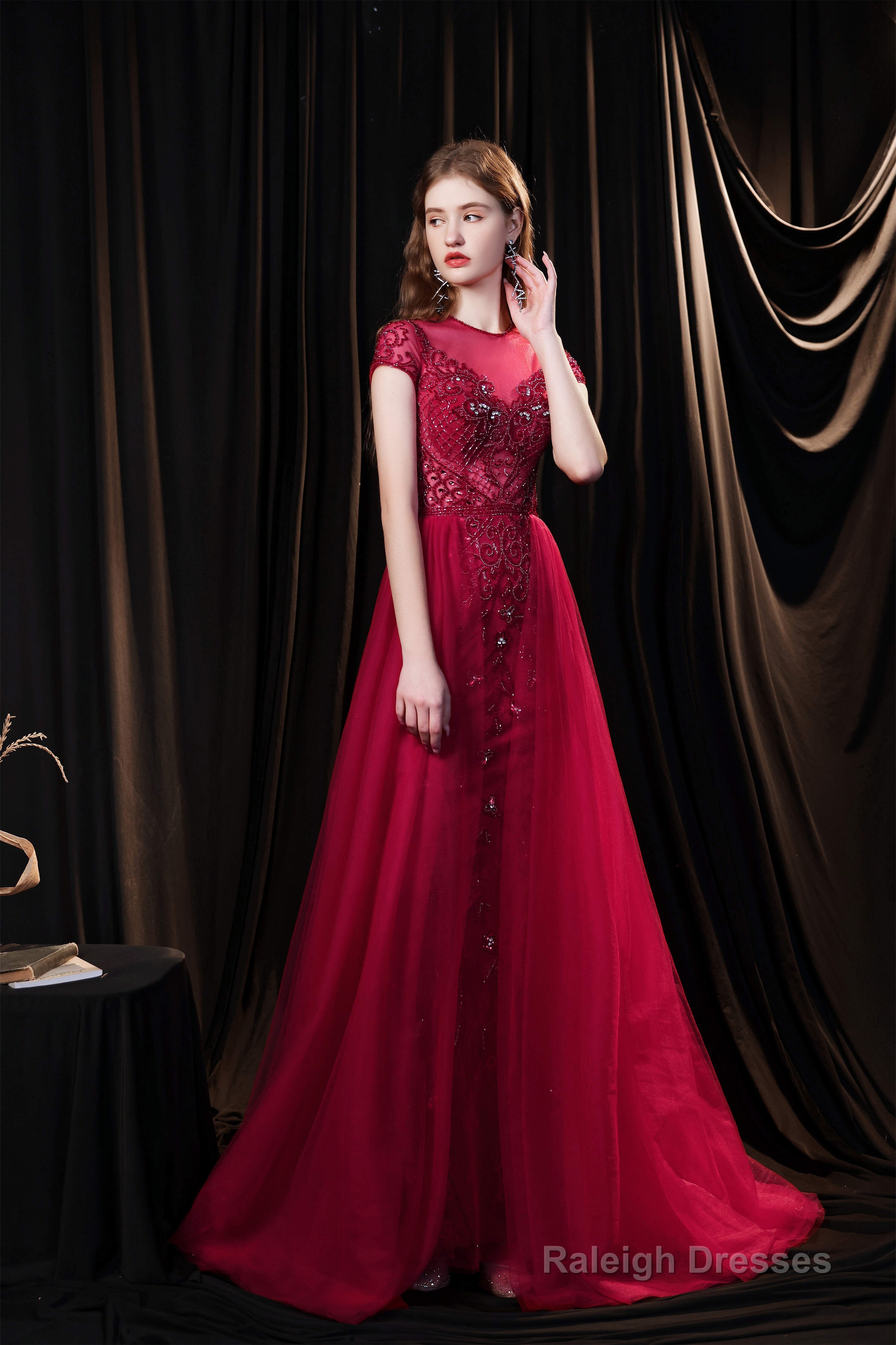 Short Sleeves High Neck Open Back Beading Long Prom Dresses Main image