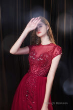 Short Sleeves High Neck Open Back Beading Long Prom Dresses