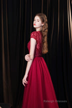 Short Sleeves High Neck Open Back Beading Long Prom Dresses