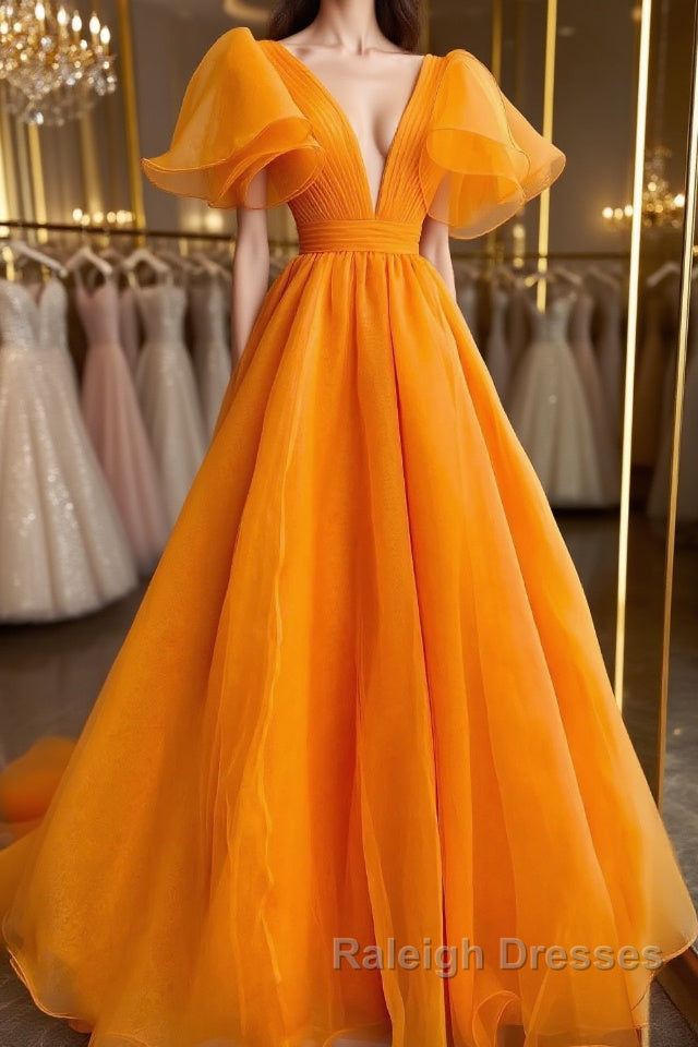 Short Sleeves Orange Long Prom Dresses, Orange Long Formal Evening Dresses Main image