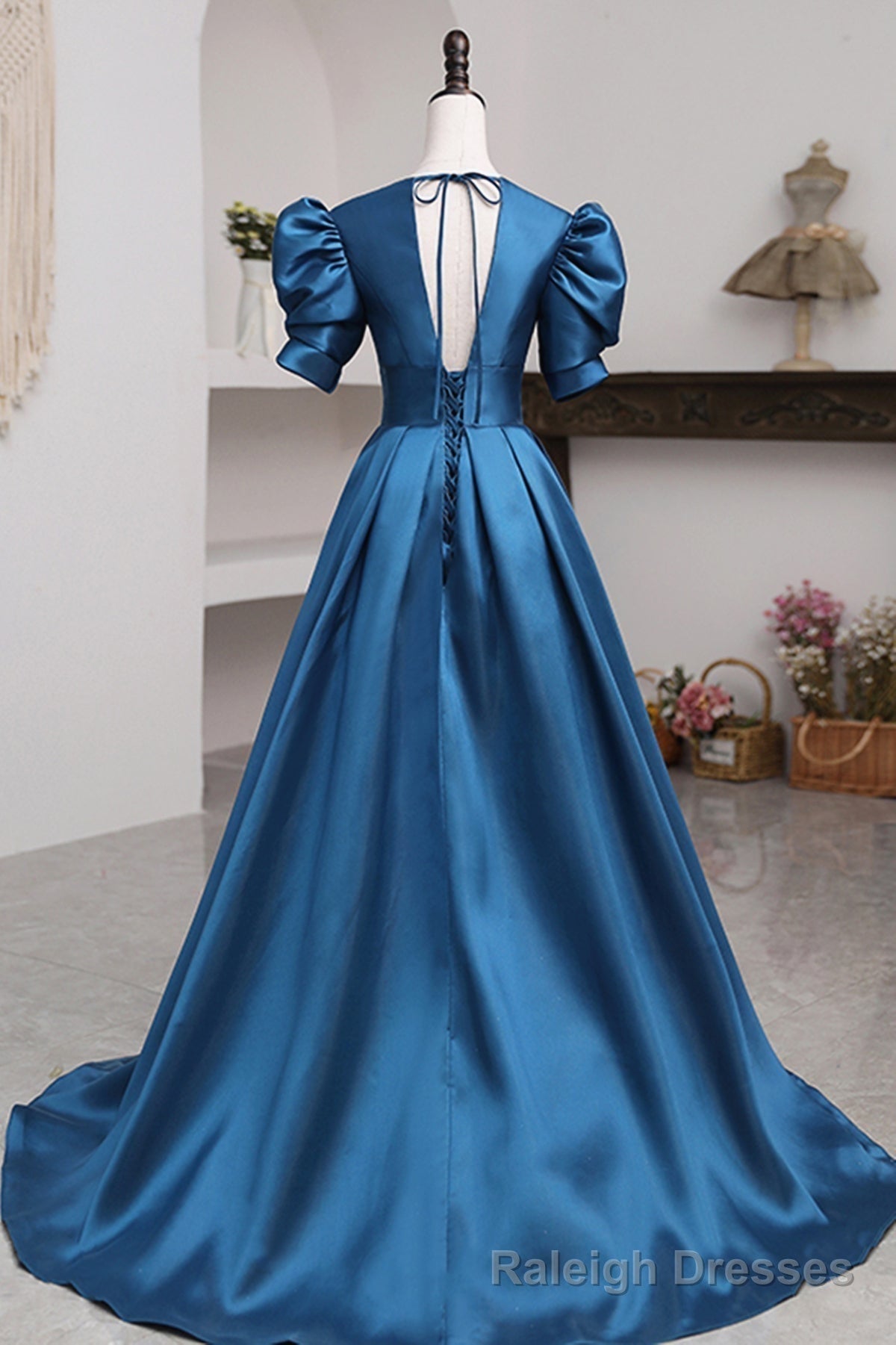 Short Sleeves Peacock Blue Long Prom Dresses, Peacock Blue Long Formal Evening Dresses Secondary image