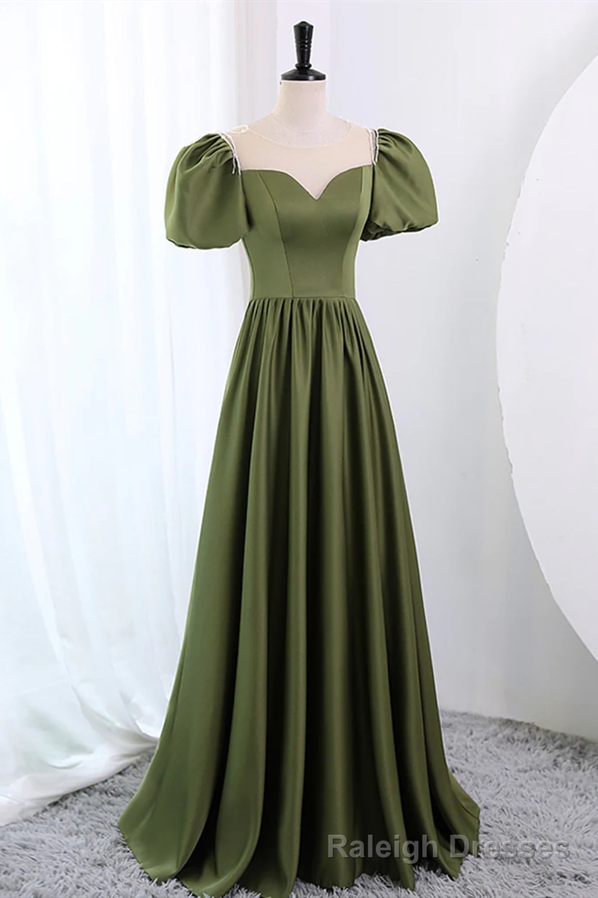 Short Sleeves Scoop Neck Dark Green Satin Prom Dresses, Short Sleeves Green Formal Prom Dresses Secondary image