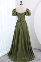 Short Sleeves Scoop Neck Dark Green Satin Prom Dresses, Short Sleeves Green Formal Prom Dresses