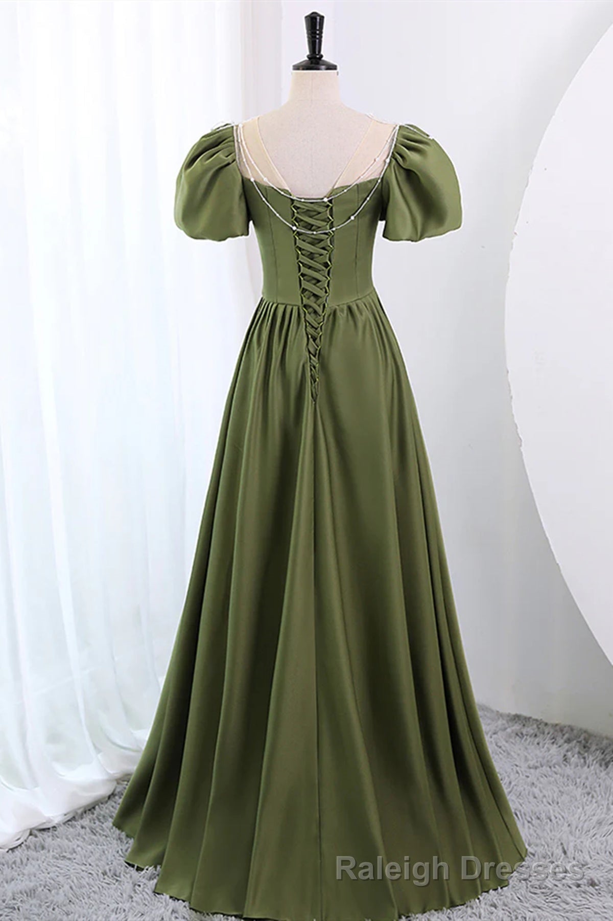 Short Sleeves Scoop Neck Dark Green Satin Prom Dresses, Short Sleeves Green Formal Prom Dresses