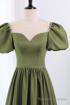 Short Sleeves Scoop Neck Dark Green Satin Prom Dresses, Short Sleeves Green Formal Prom Dresses