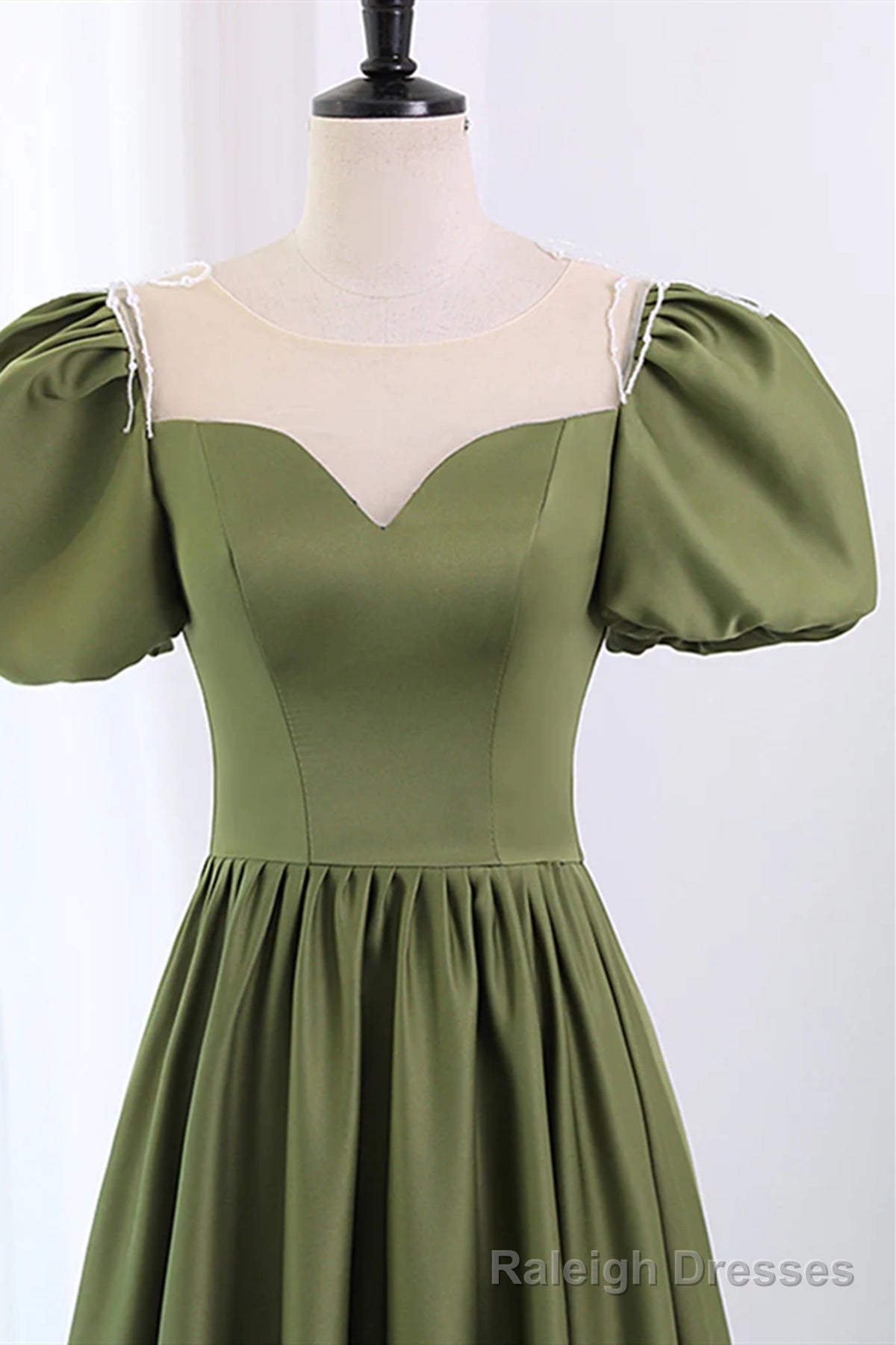Short Sleeves Scoop Neck Dark Green Satin Prom Dresses, Short Sleeves Green Formal Prom Dresses