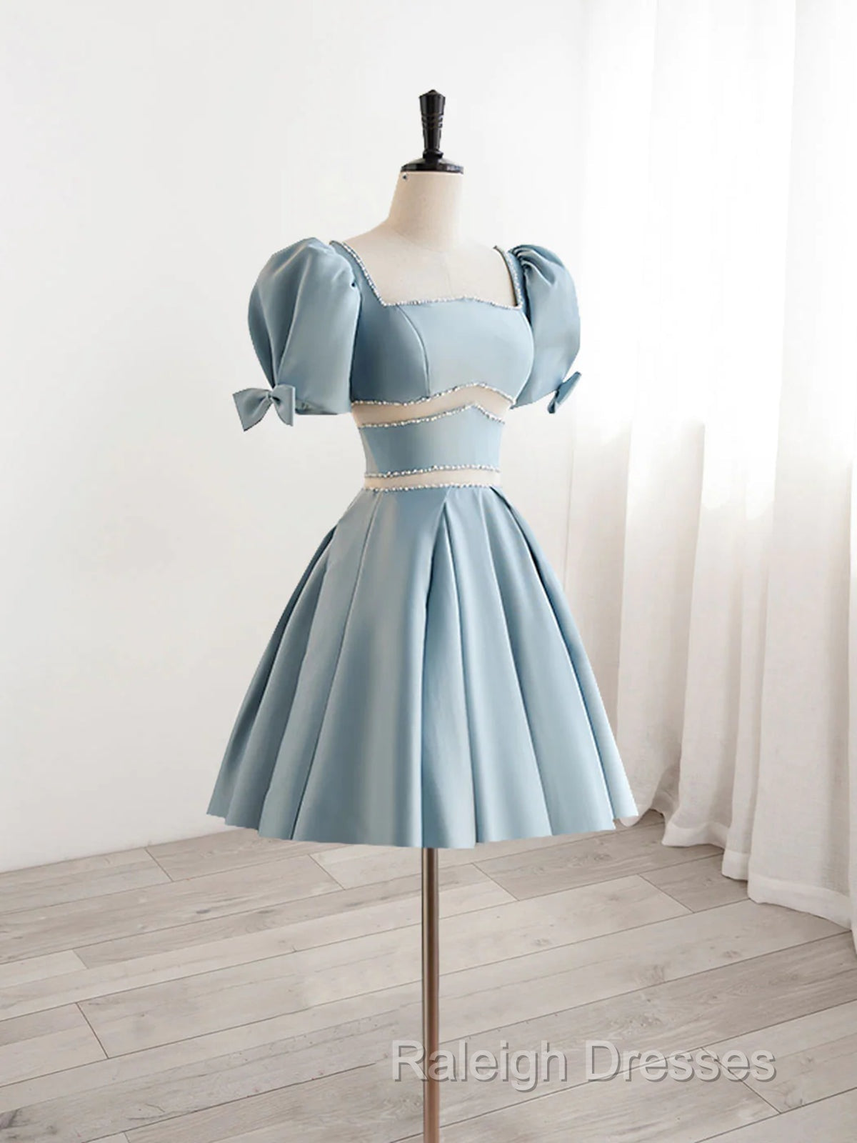 Short Sleeves Short Blue Prom Dresses, Short Blue Formal Homecoming Dresses Secondary image