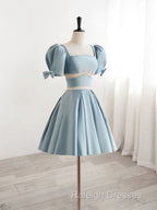 Short Sleeves Short Blue Prom Dresses, Short Blue Formal Homecoming Dresses