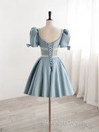 Short Sleeves Short Blue Prom Dress Short Blue Prom Homecoming Dress