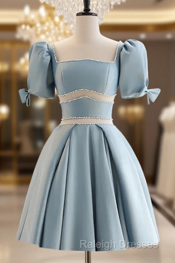 Short Sleeves Short Blue Prom Dresses, Short Blue Formal Homecoming Dresses