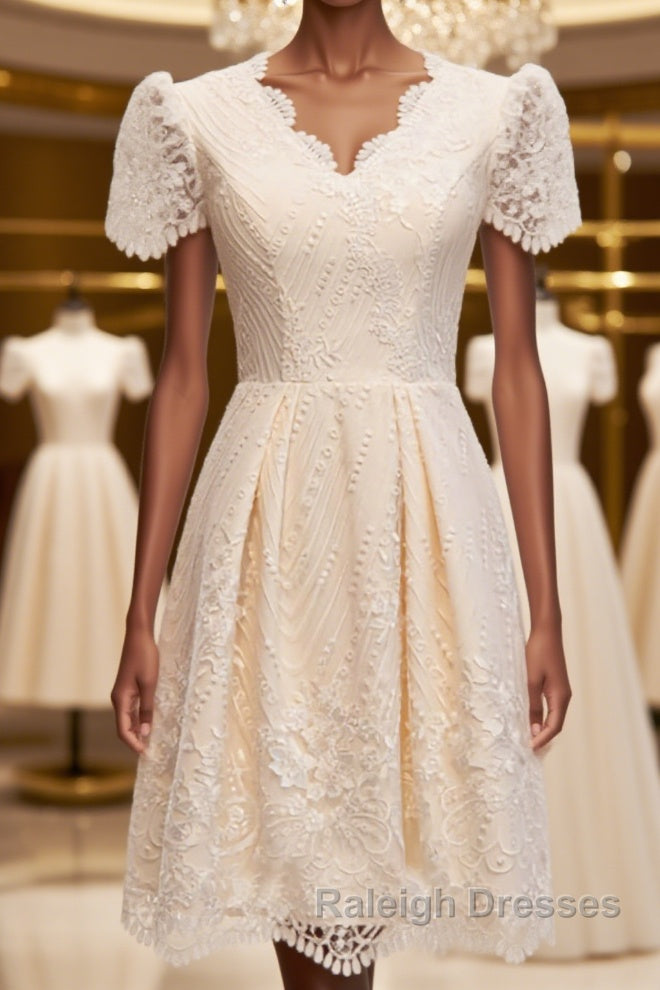 Short Sleeves Short Champagne Lace Prom Dresses, Short Champagne Lace Formal Wedding Dresses Main image