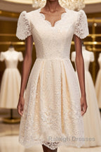 Short Sleeves Short Champagne Lace Prom Dress Short Champagne Lace Prom Wedding Dress