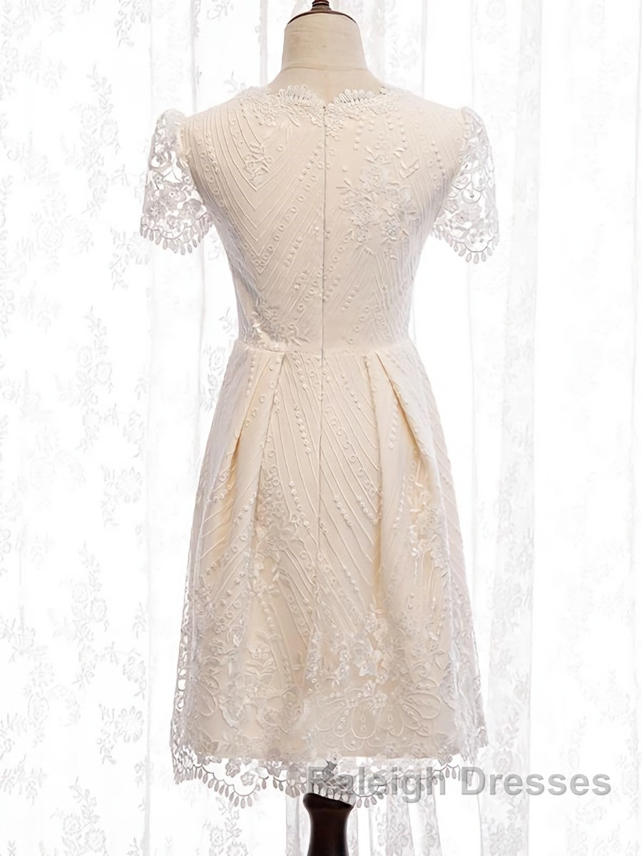 Short Sleeves Short Champagne Lace Prom Dresses, Short Champagne Lace Formal Wedding Dresses Secondary image