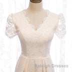 Short Sleeves Short Champagne Lace Prom Dresses, Short Champagne Lace Formal Wedding Dresses