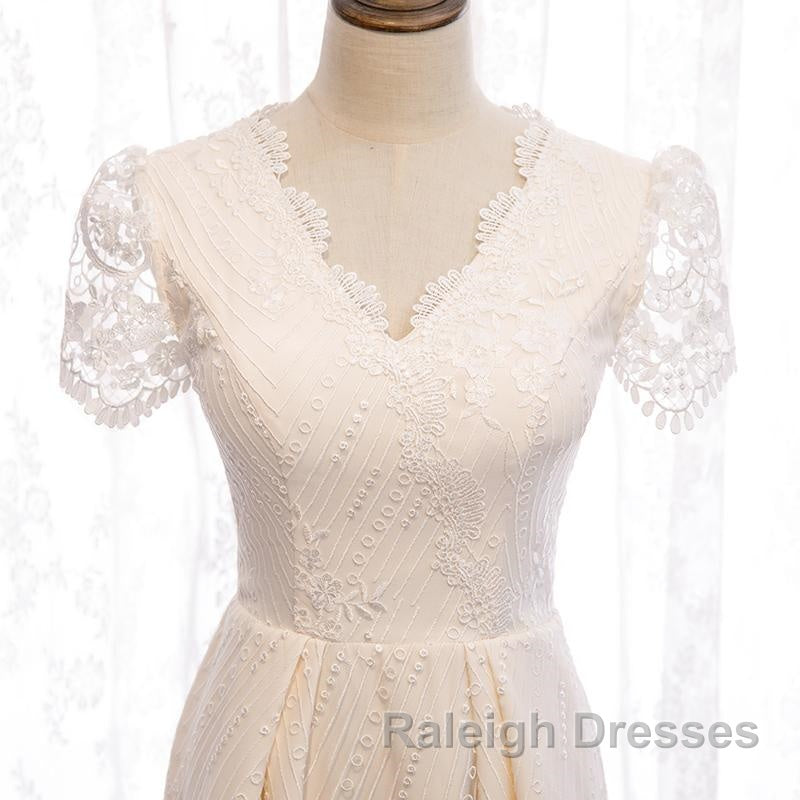 Short Sleeves Short Champagne Lace Prom Dresses, Short Champagne Lace Formal Wedding Dresses