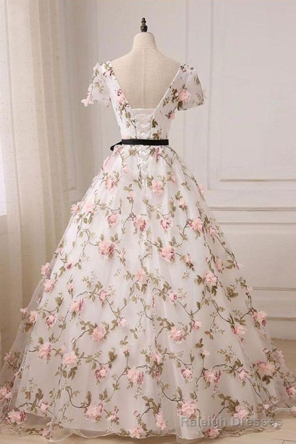 Short Sleeves V Neck Pink 3D Flower White Long Prom Dresses V Neck White Prom Dresses With Pink Appliques Secondary image