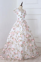 Short Sleeves V Neck Pink 3D Flower White Long Prom Dresses V Neck White Prom Dresses With Pink Appliques