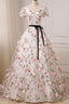Short Sleeves V Neck Pink 3D Flower White Long Prom Dresses V Neck White Prom Dresses With Pink Appliques
